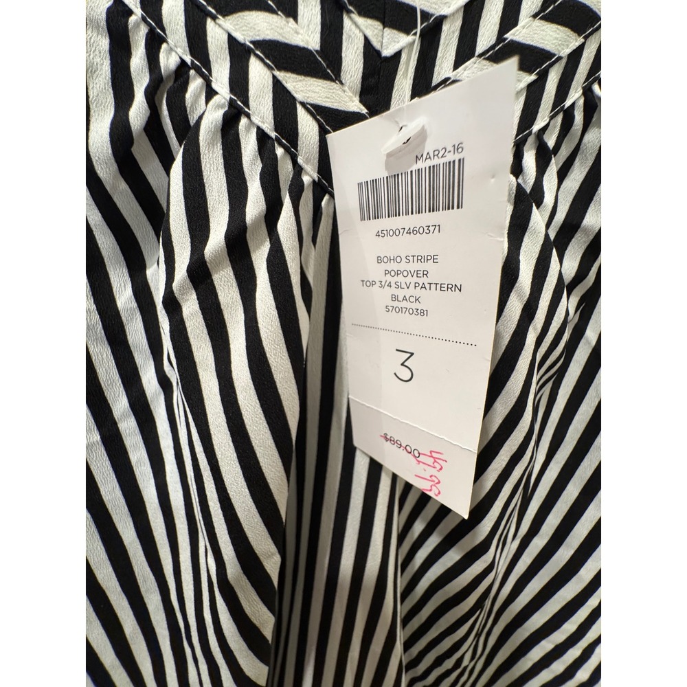 Chicos Boho Stripe Popover Top 3/4 Sleeve Black White Blouse Size 3 XL 570170381 - Picture 2 of 6